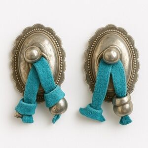 Silver Concho Blue Leather Cord Earrings
